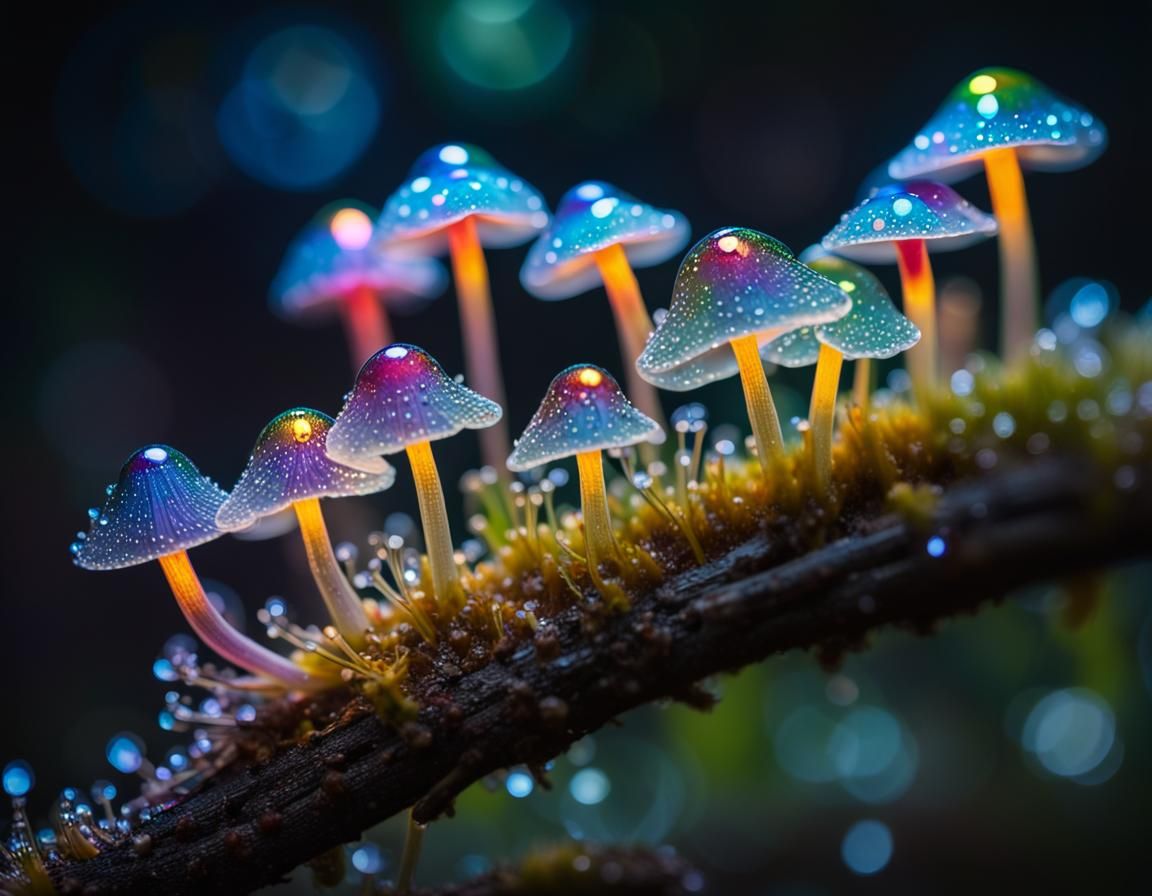 Glowing Fireflies on Rainbow Flowers in Moonlight