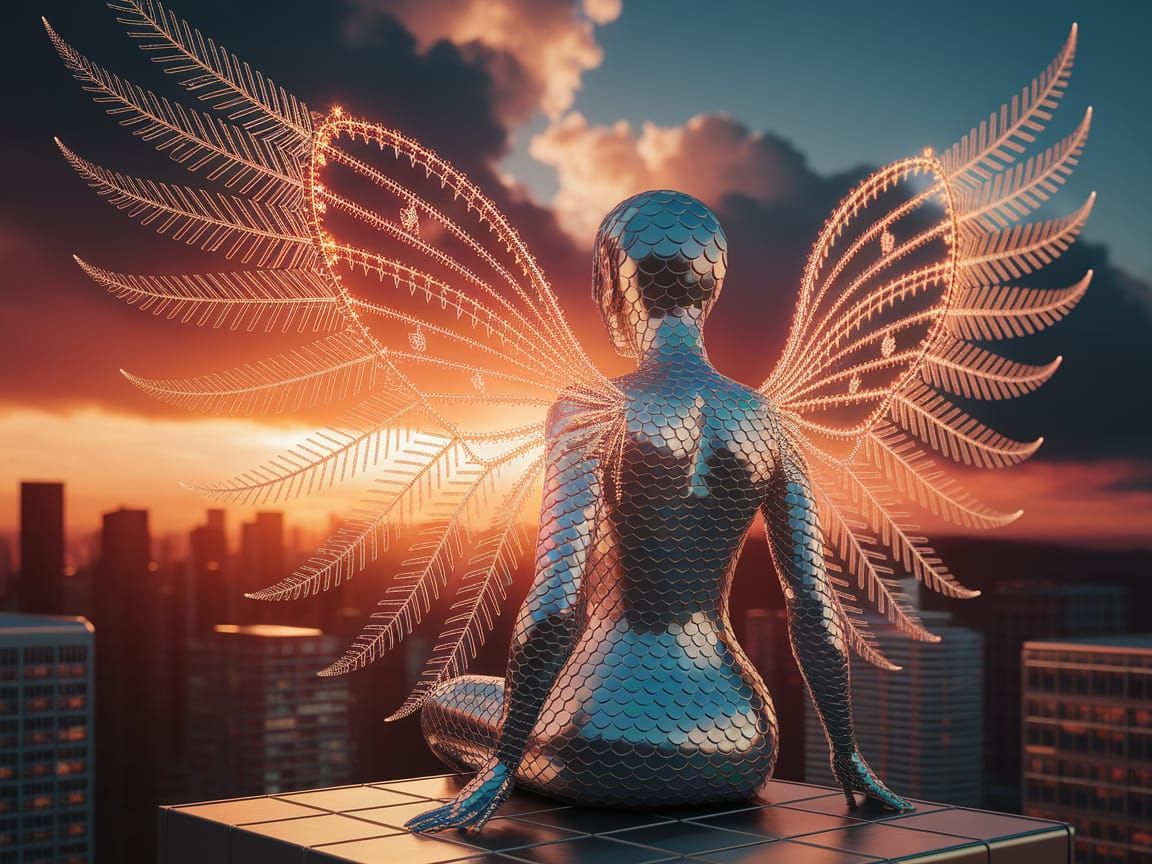 Metallic Guardian Angel Soars Above City at Sunset