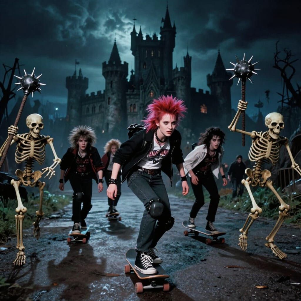 Goth Group Escapes Castle Skeletons on Skateboards
