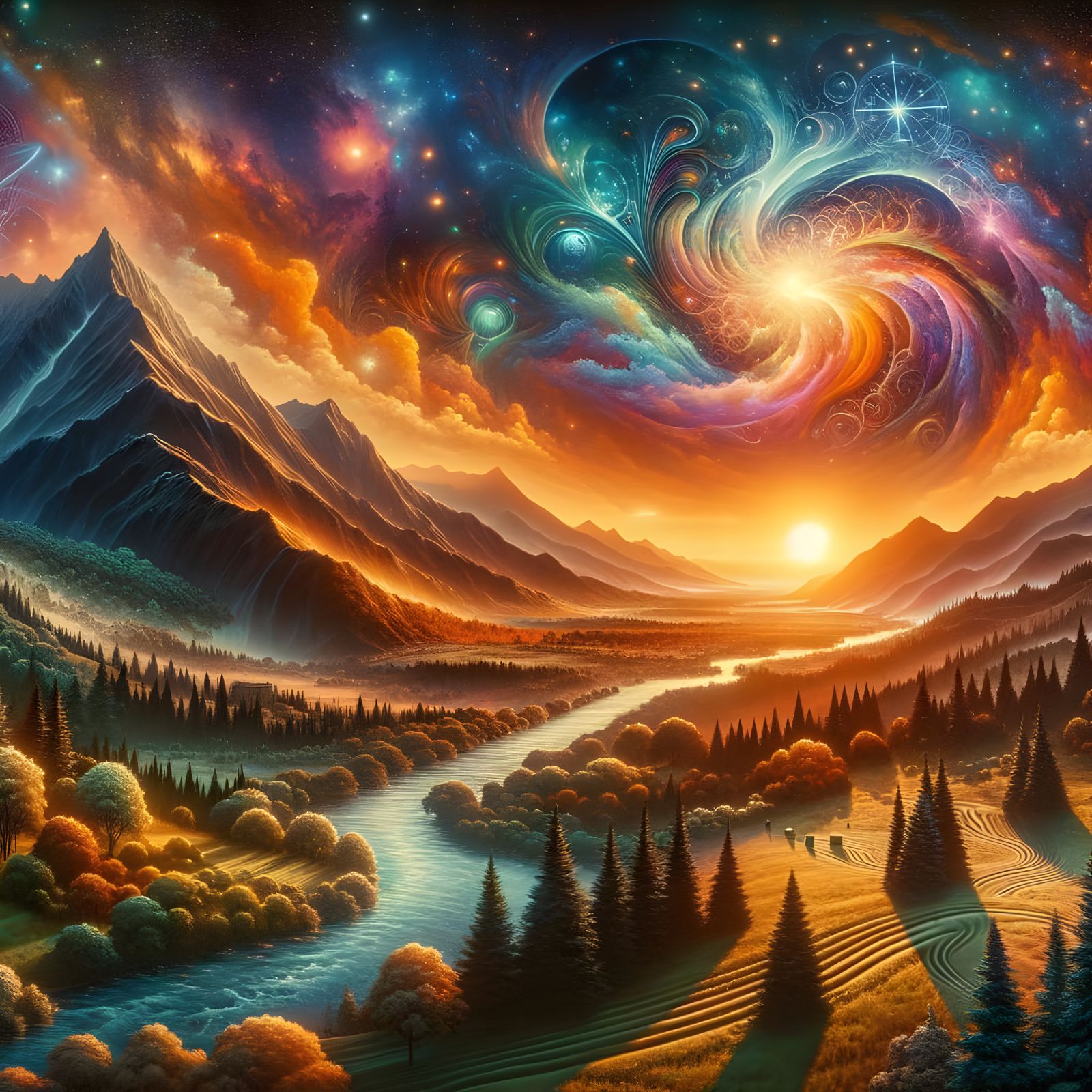 Vibrant Sunset Over Mountains and River in Pre-1912 Art Styl...