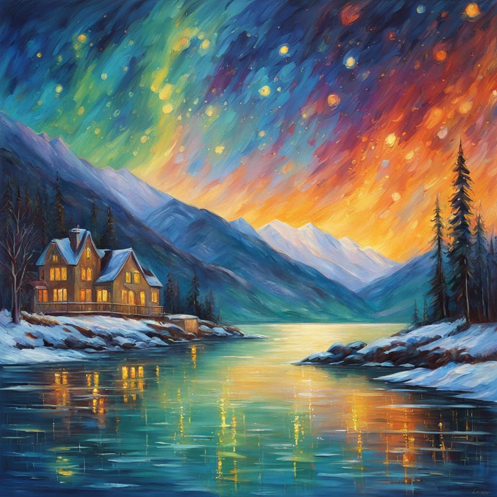 Impressionist Masterpiece: Snowy Mansion Under Starry Night ...