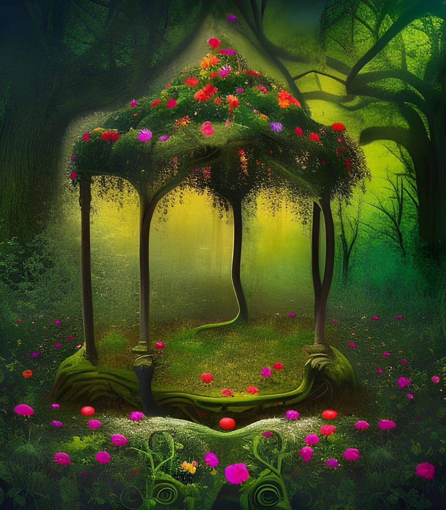whimsical enchanted scene, wishing well covered in ivy, set in a field of colourful flowers, Forest trees in the backgro...
