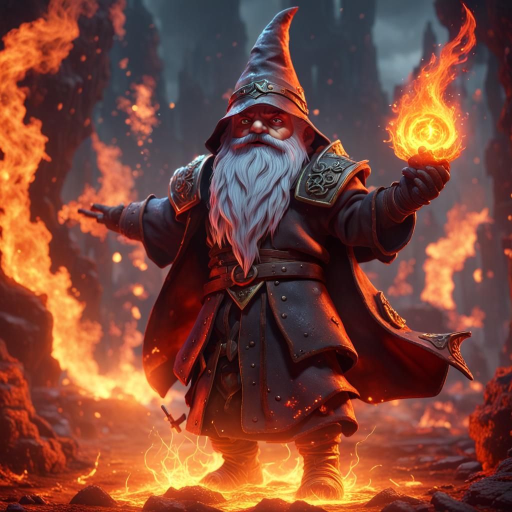 Gnome Dark Mage in Fiery Hellscape: 3D Game Art
