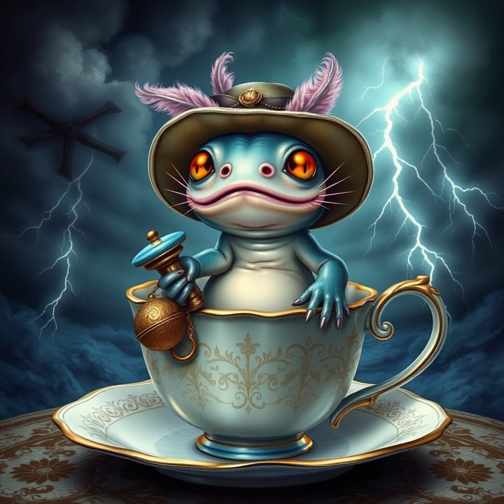 Axolotl in Teacup: A Pop Surrealist Vision