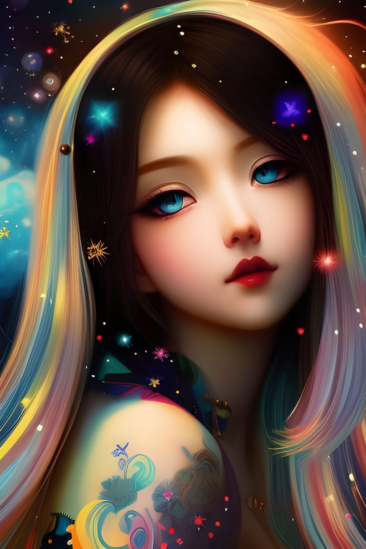 Anime Girl in Starry Night, Alphonse Mucha Style