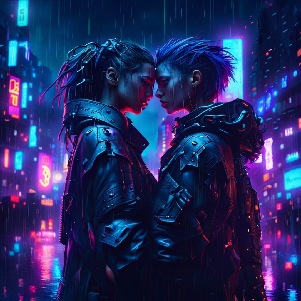 Cyberpunk Lovers Embrace in Dystopian Cityscape