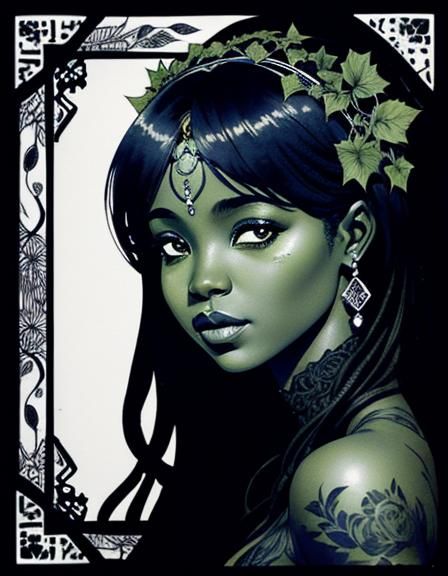 African Fairy Portrait in Ink Wash Line Art