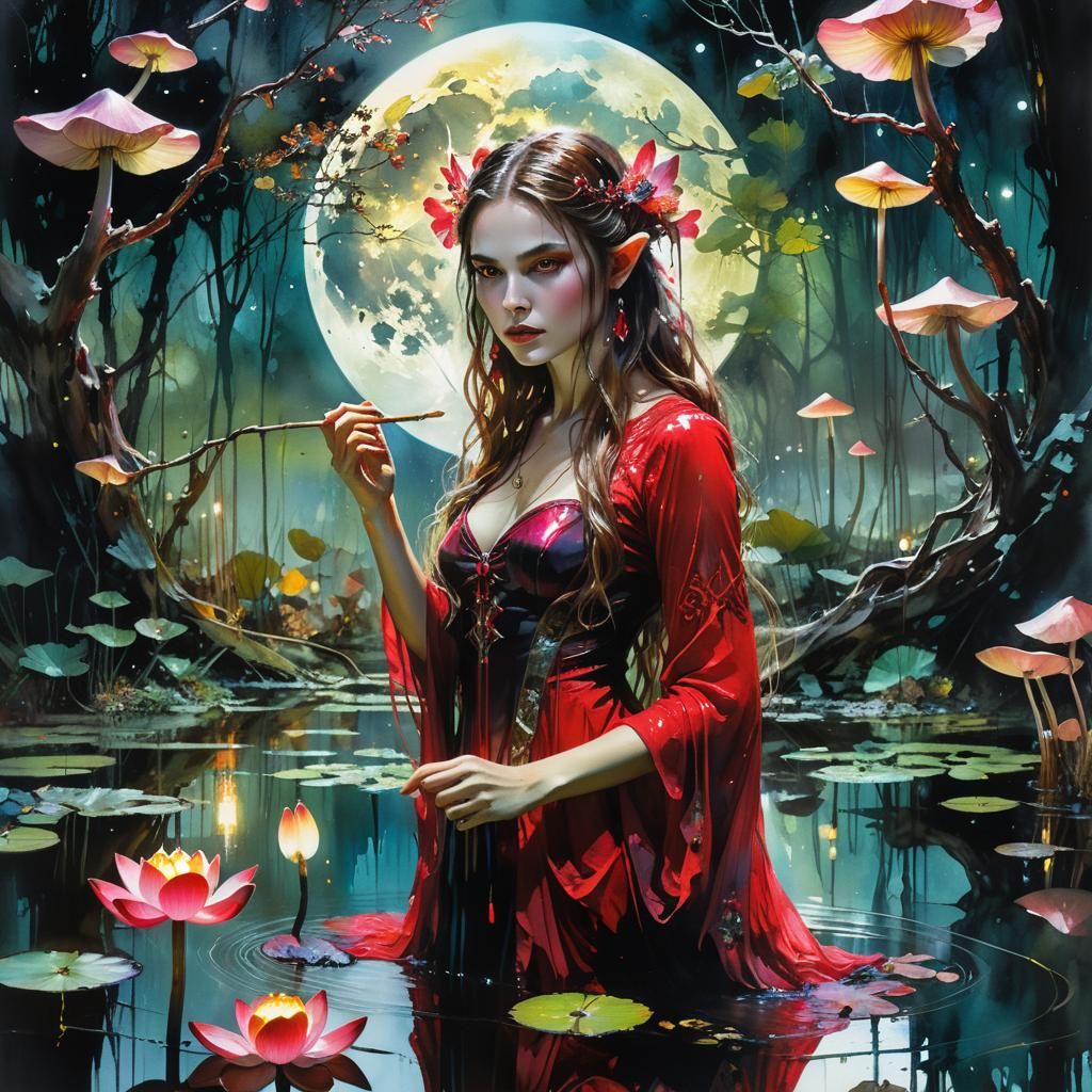 Scarlet Witch Reflects Moon in Fantasy Forest
