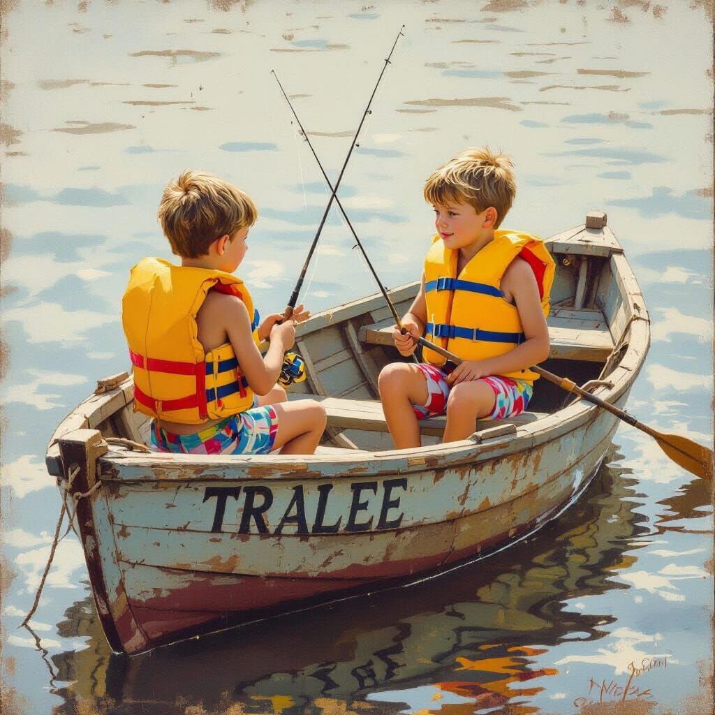 Boys Fishing in Rowboat, Rustic Realism Style