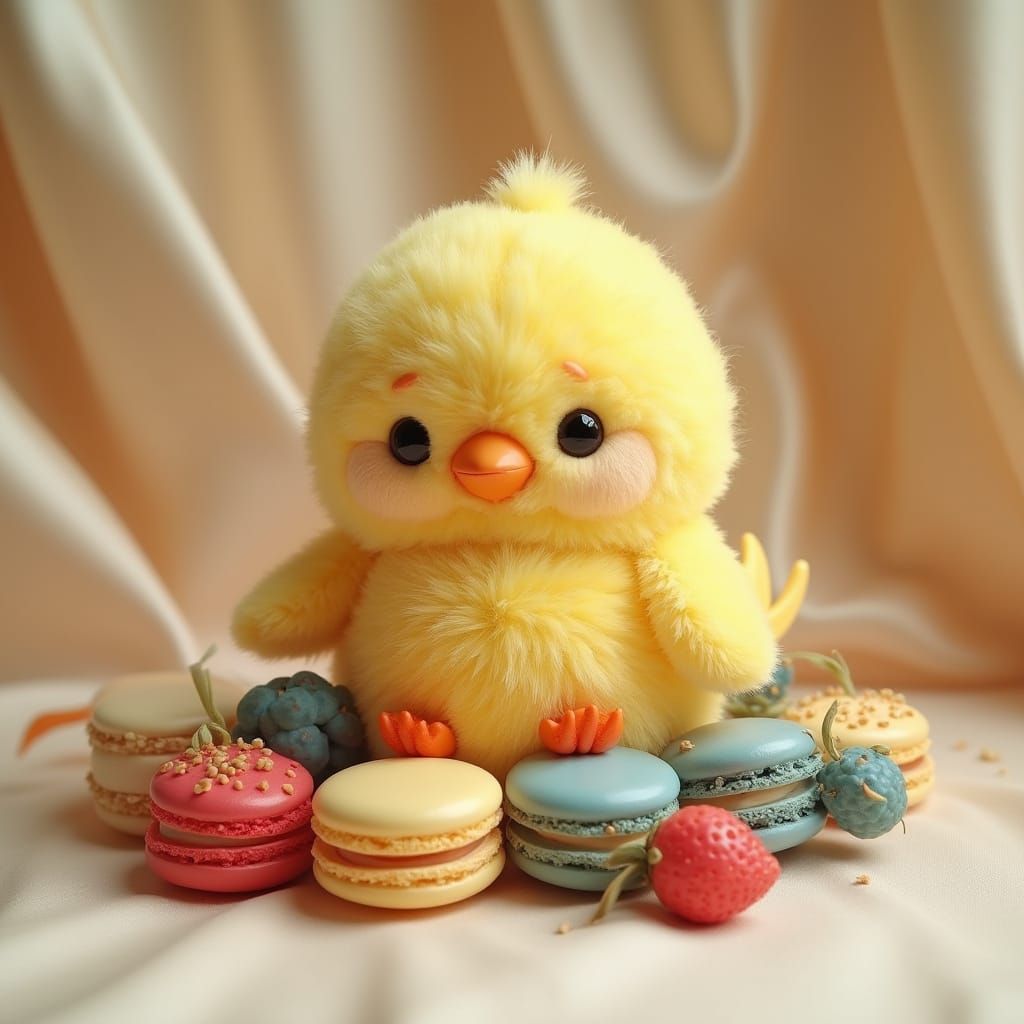 Lemon Fluffy Bird Toy Perched on Macaron Heap in Dreamlike A...