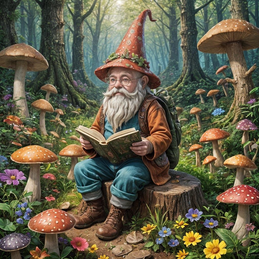 Gnome Reading Book in Whimsical Forest