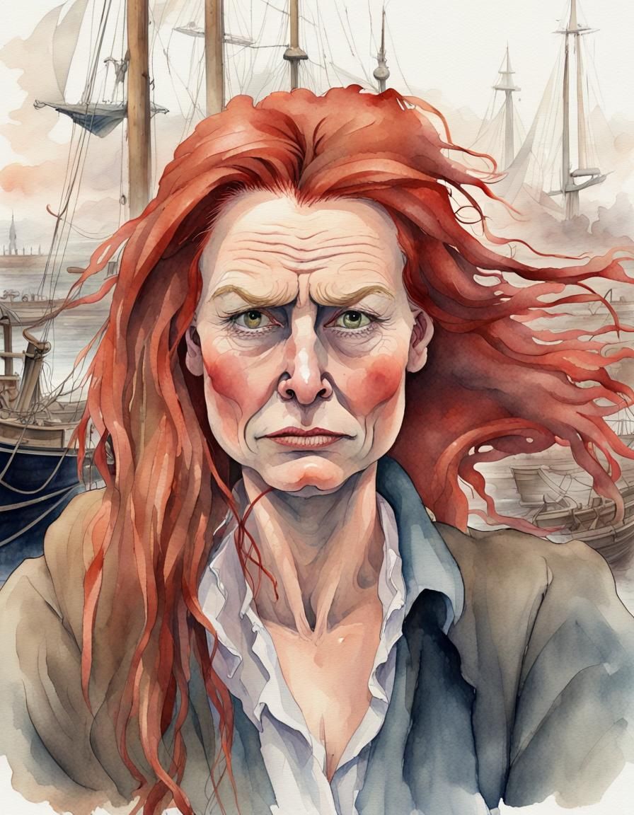 Watercolor Portrait red haired Woman #04
