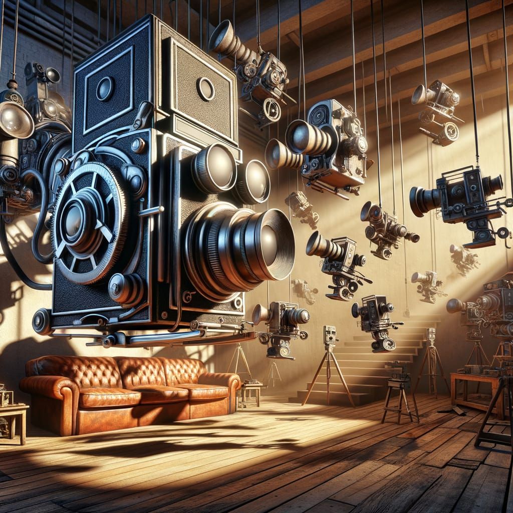 Surreal Vintage Studio Scene with Floating Cameras