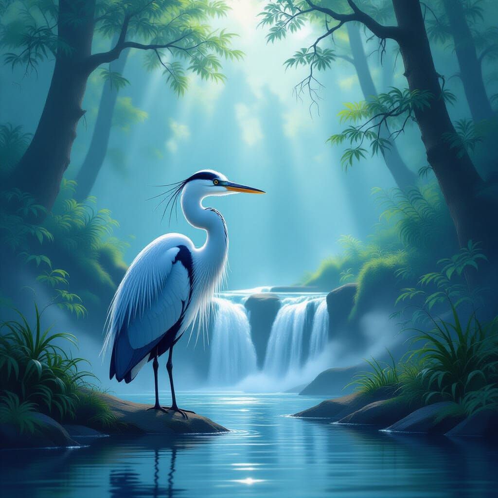 Heron by Waterfall in Ethereal Light