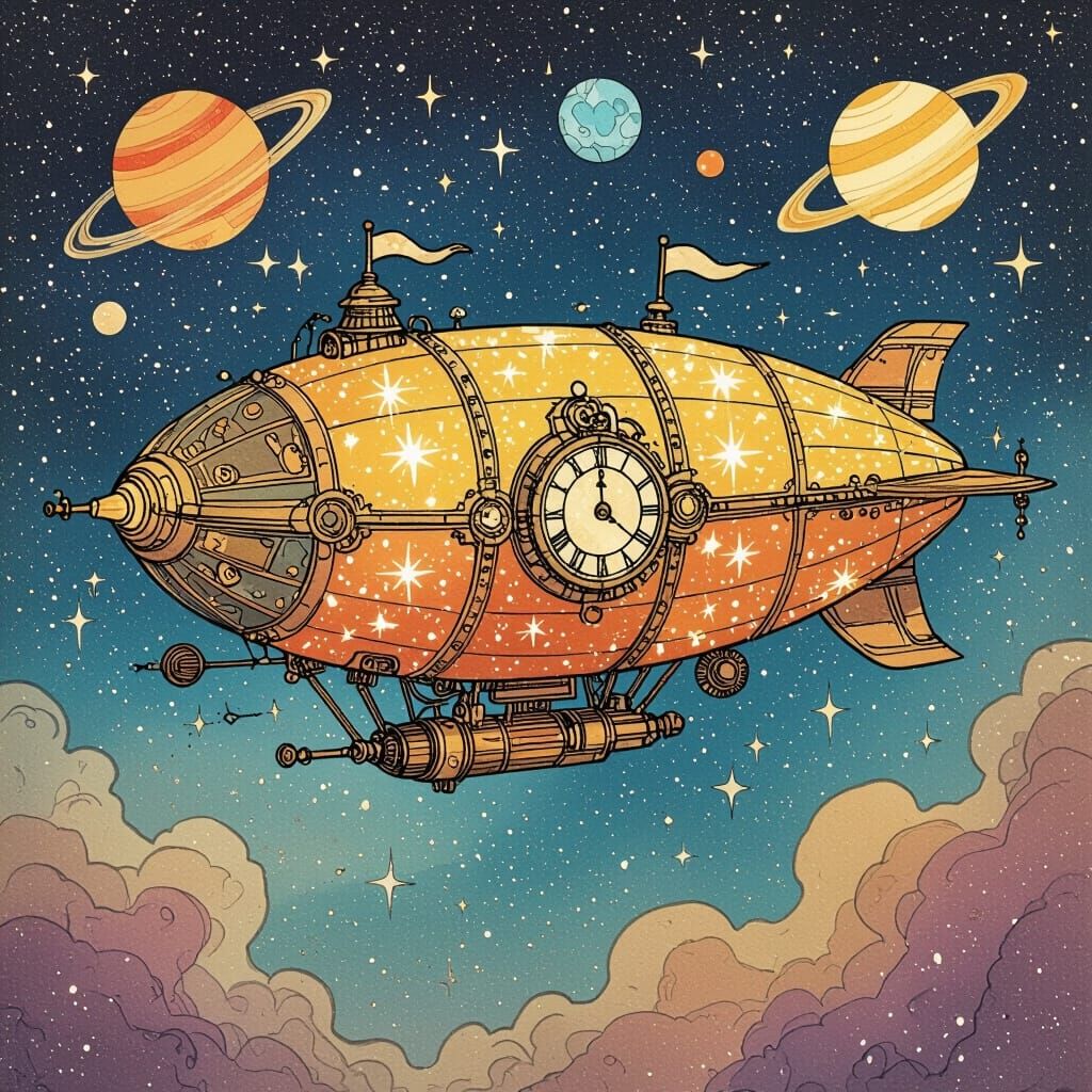 Celestial Airship Drifting Through Nebulae in Etching Style