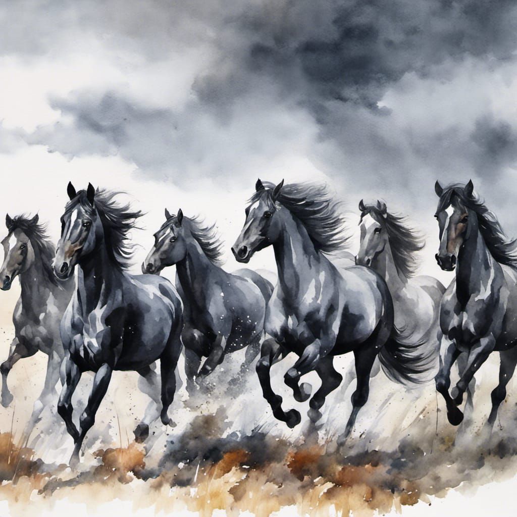 Horses Running on Steppe in Watercolor Painting