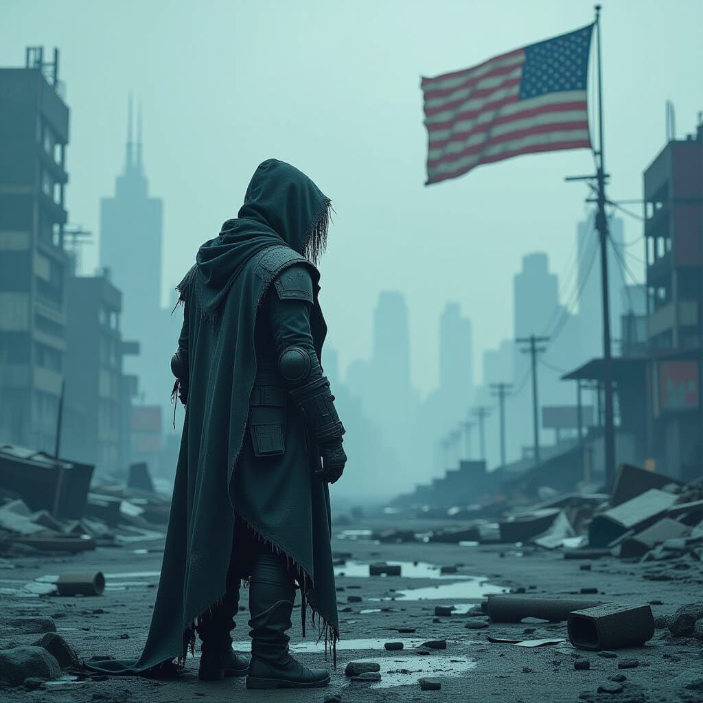 Dystopian Future: Desolate Cityscape with American Flag