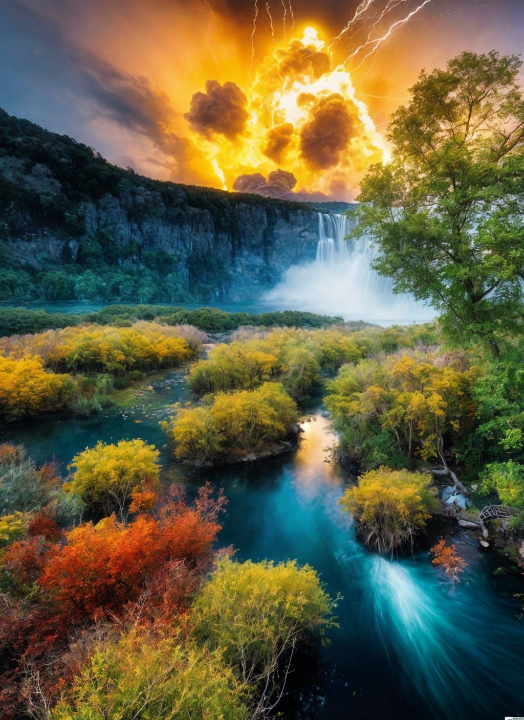 Erupting Pond in Biopunk Summer Landscape