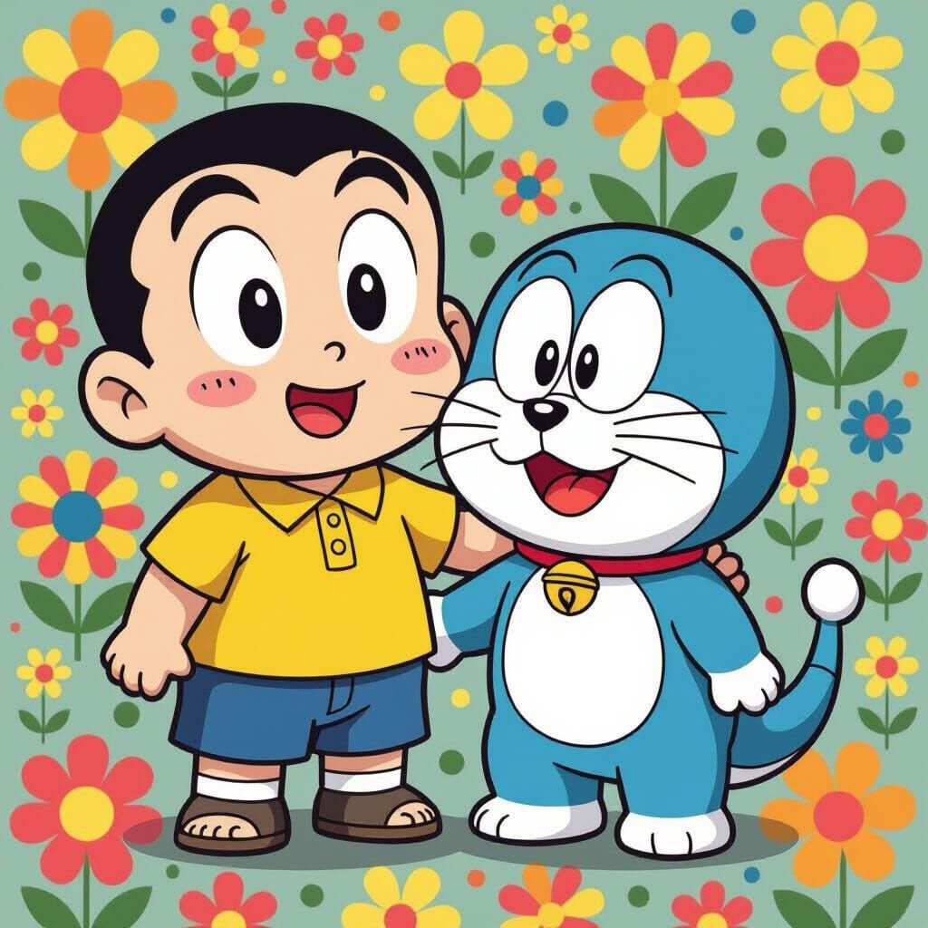 Shinchan and Doremon in Playful Pop Art Style