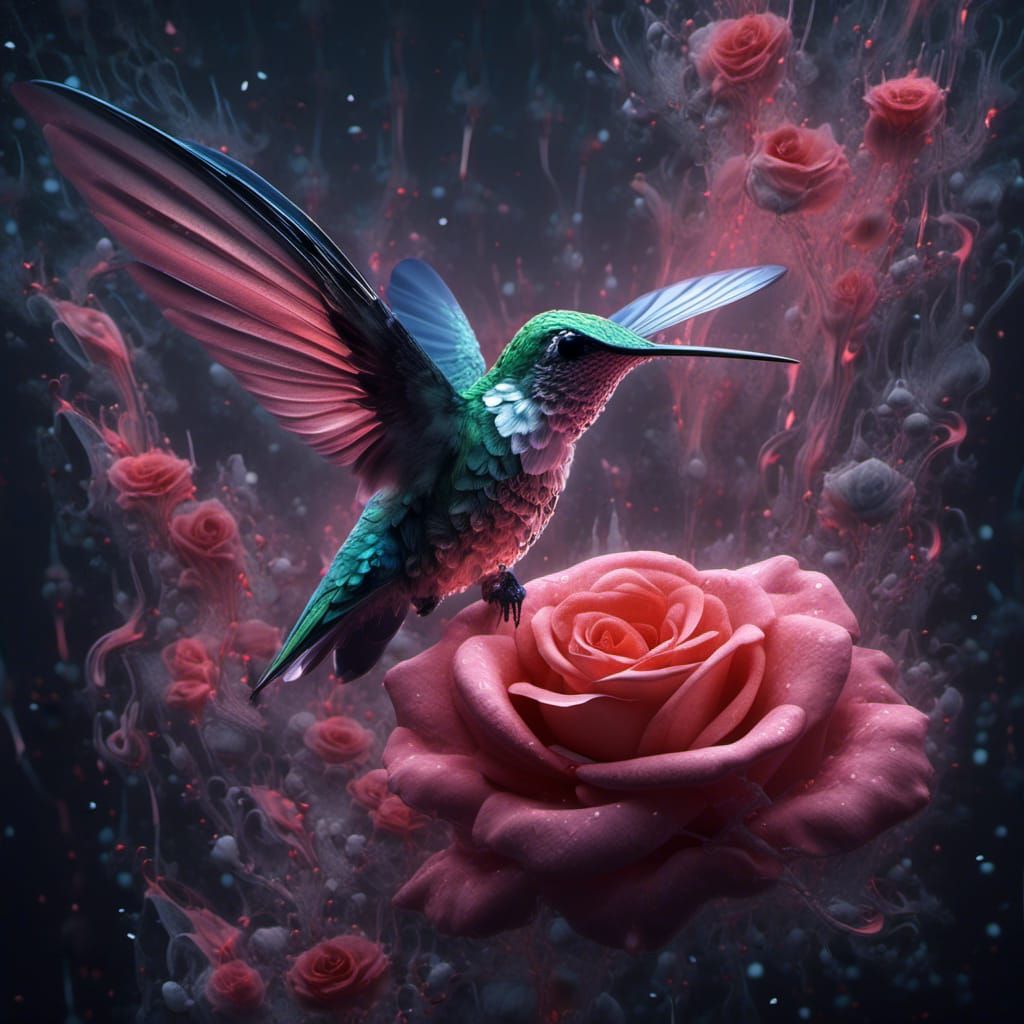 Hummingbird and Rose in X-Ray Art Style