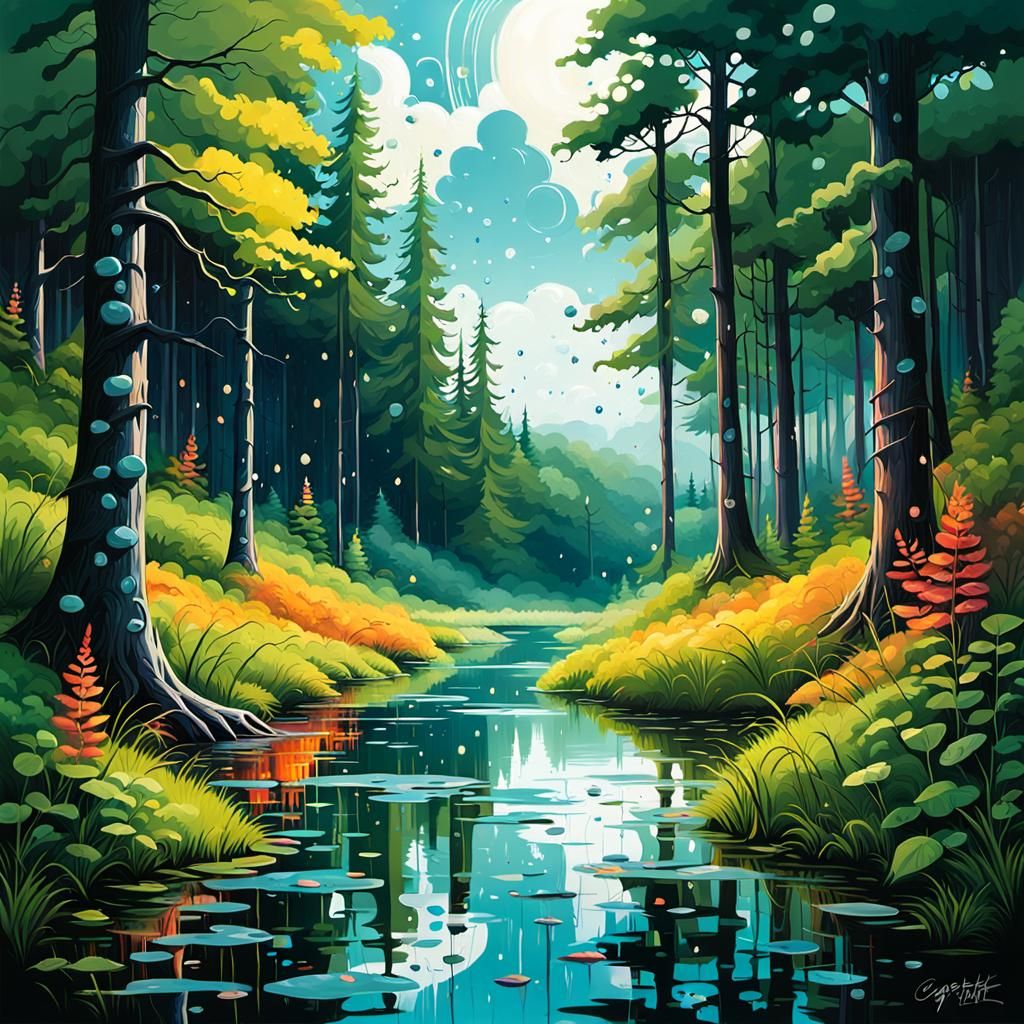 Colorful Summer Landscape in Splash Art Style