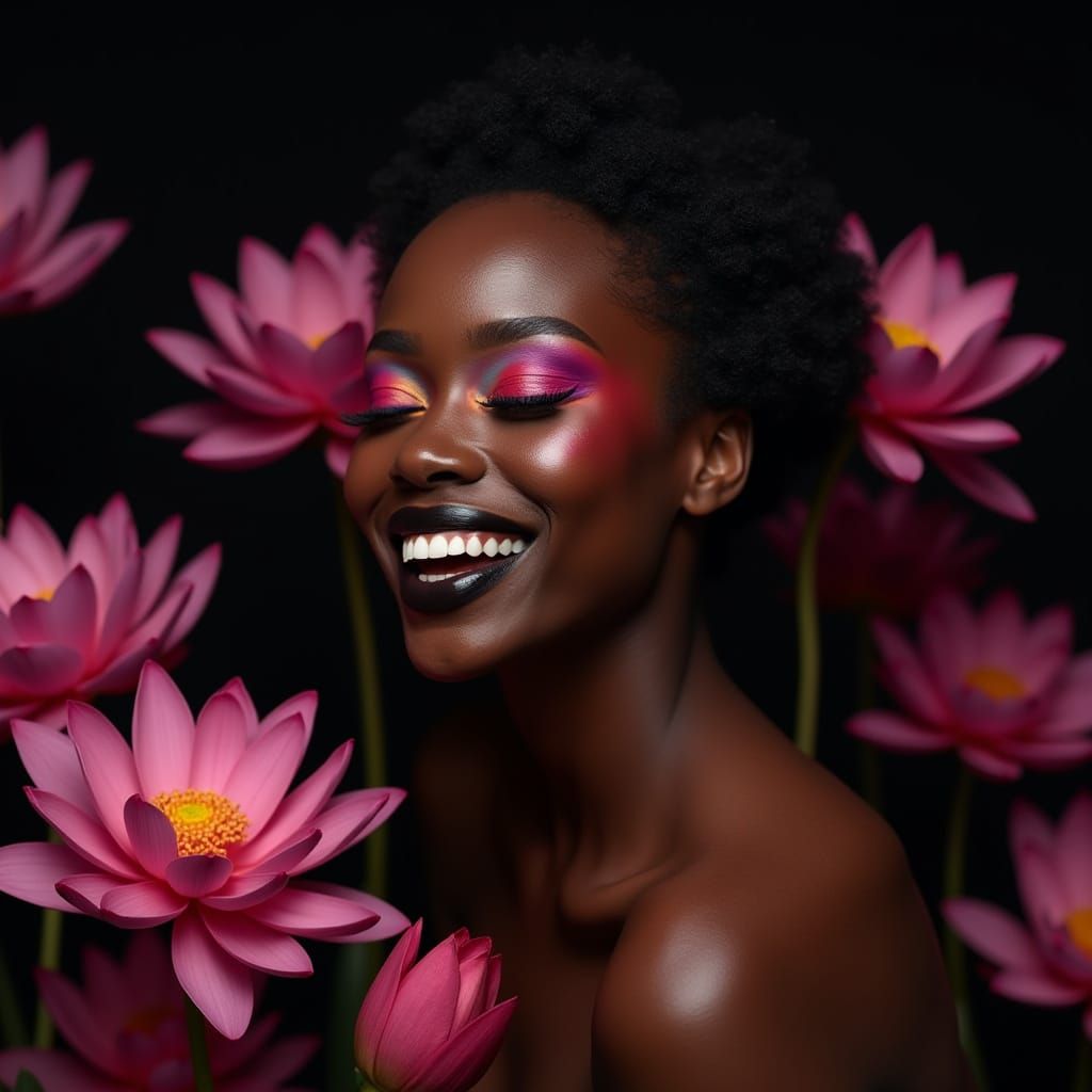 Smiling Woman with Sunset Makeup and Lotus Flowers