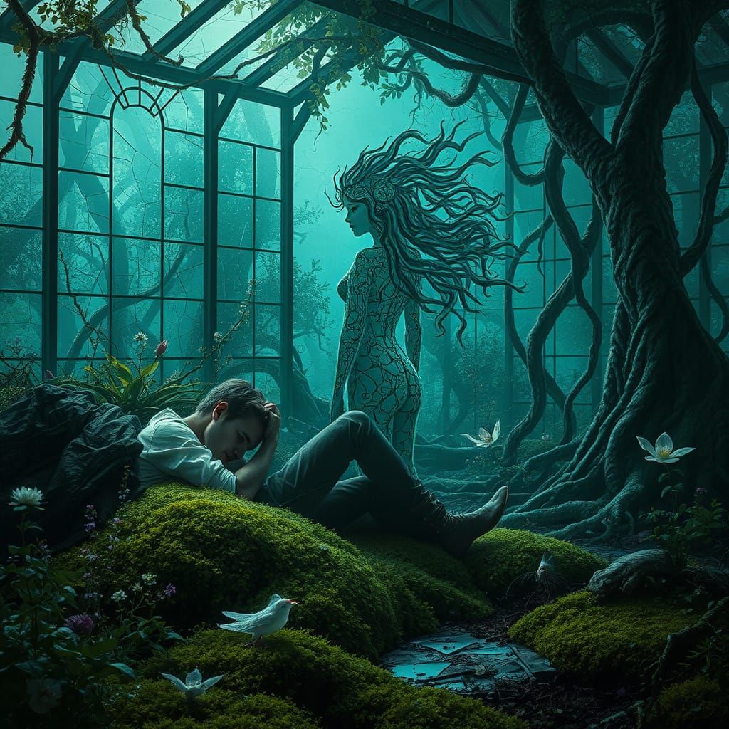 Prince Resting in Overgrown Greenhouse: Painterly Realism