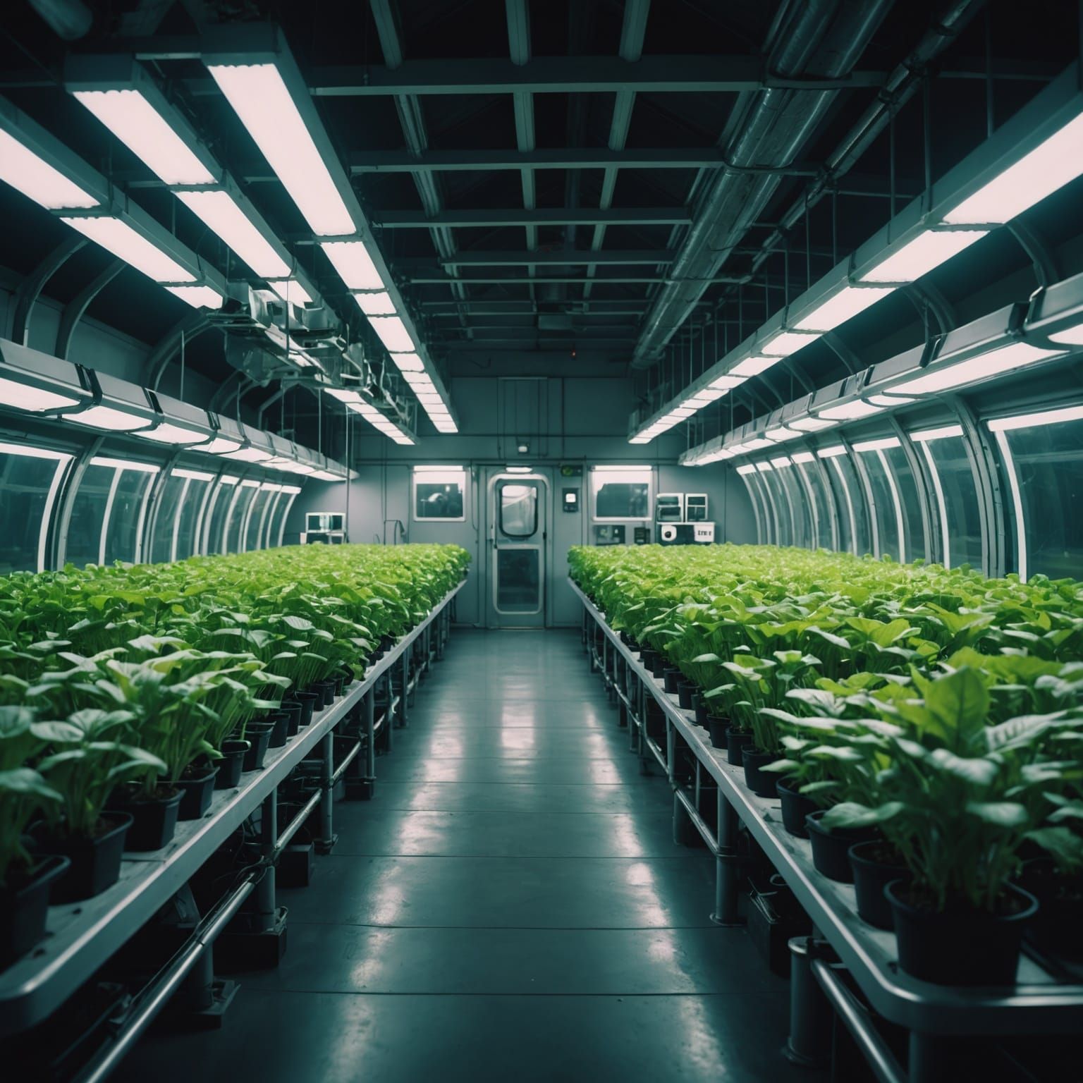 Cinematic Spaceship Hydroponics Section in Film Style