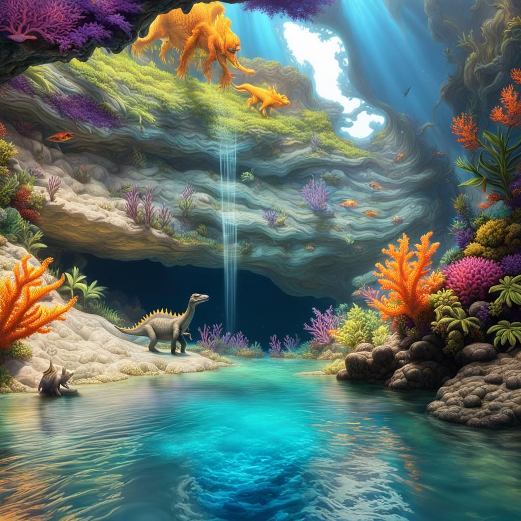 Underwater Cave Dinosaurs in Bioluminescent Coral