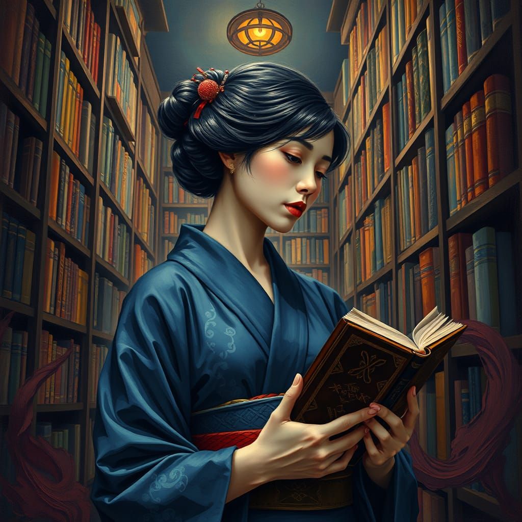 Abstract modern Japanese woman in the private library, Bibli...