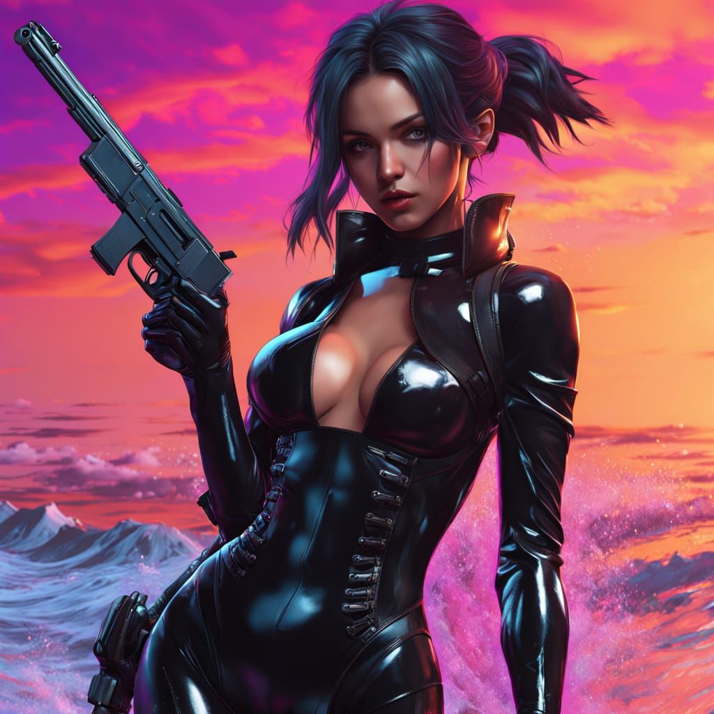 Anime Woman with Revolver at Sunset Beach