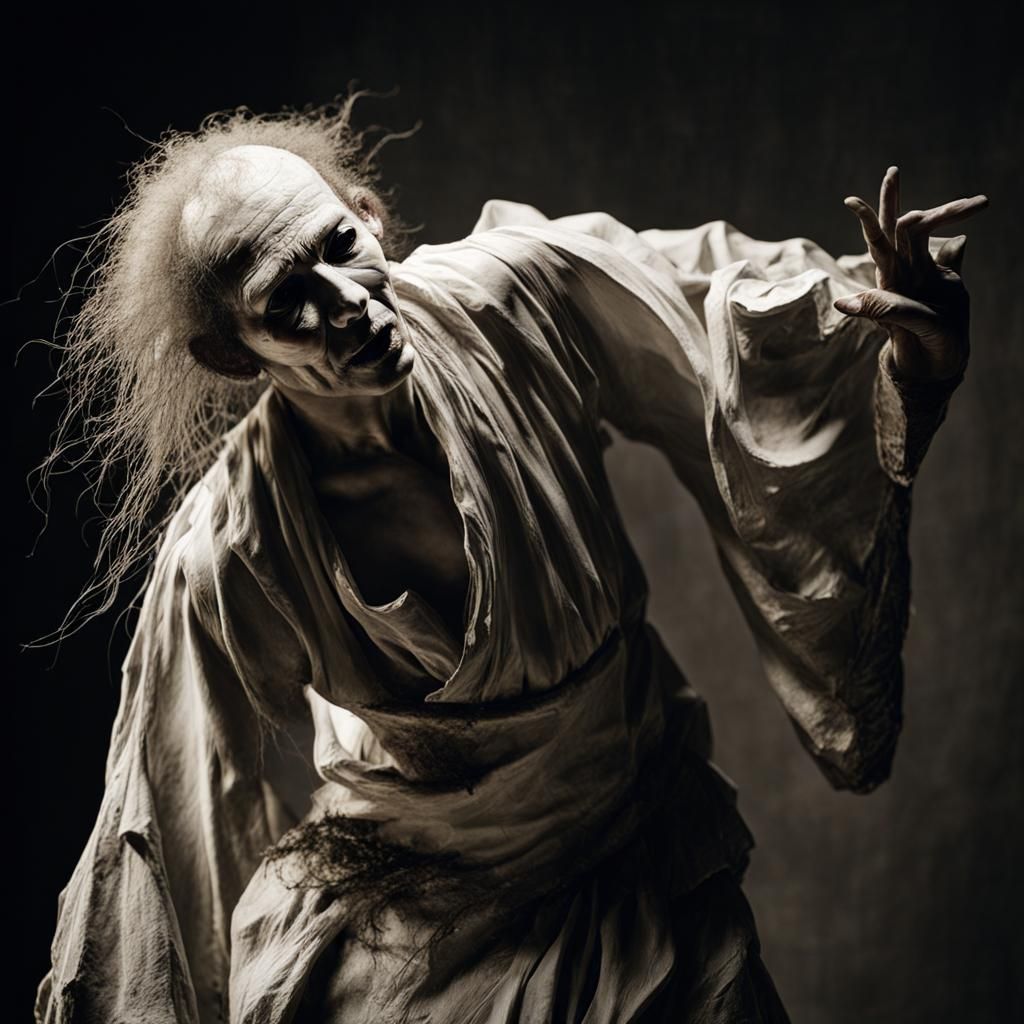 Cracked Porcelain Butoh Dancer in Dramatic Lighting