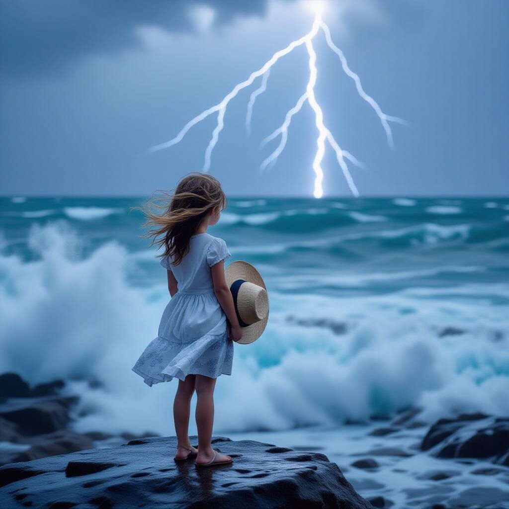 Girl Facing Stormy Sea with Crashing Waves
