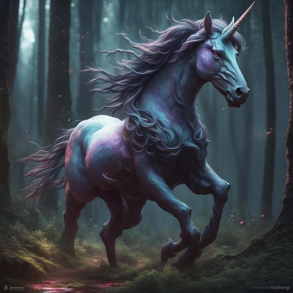 Dark Unicorn in Harsh Forest: Fantasy Art