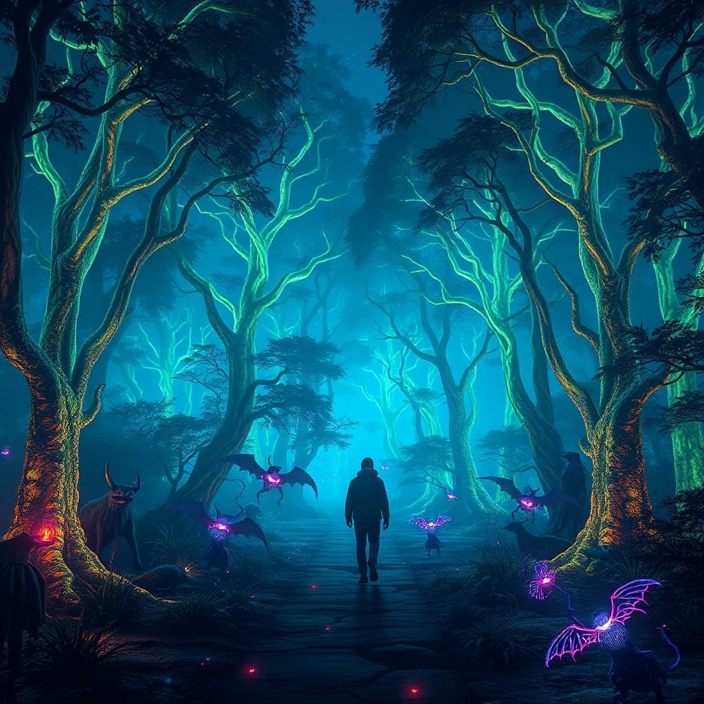 Bioluminescent Forest: A Surreal Fantasy Scene