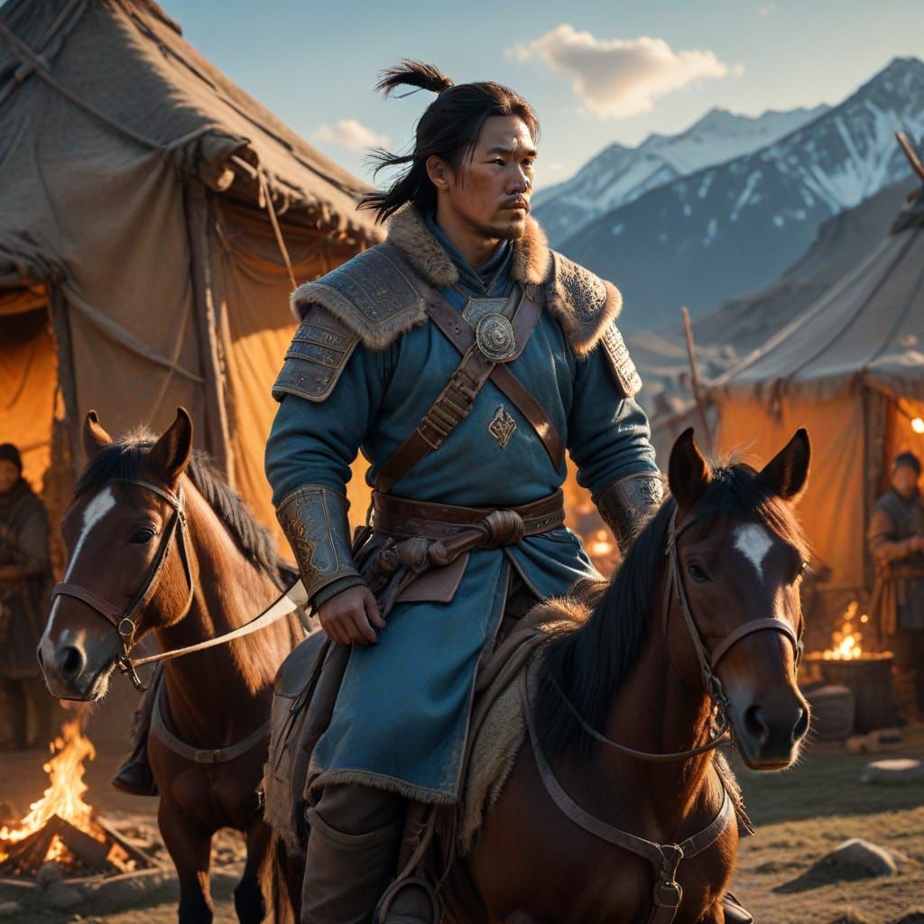Mongol Warriors in Steppe Camp with Campfire