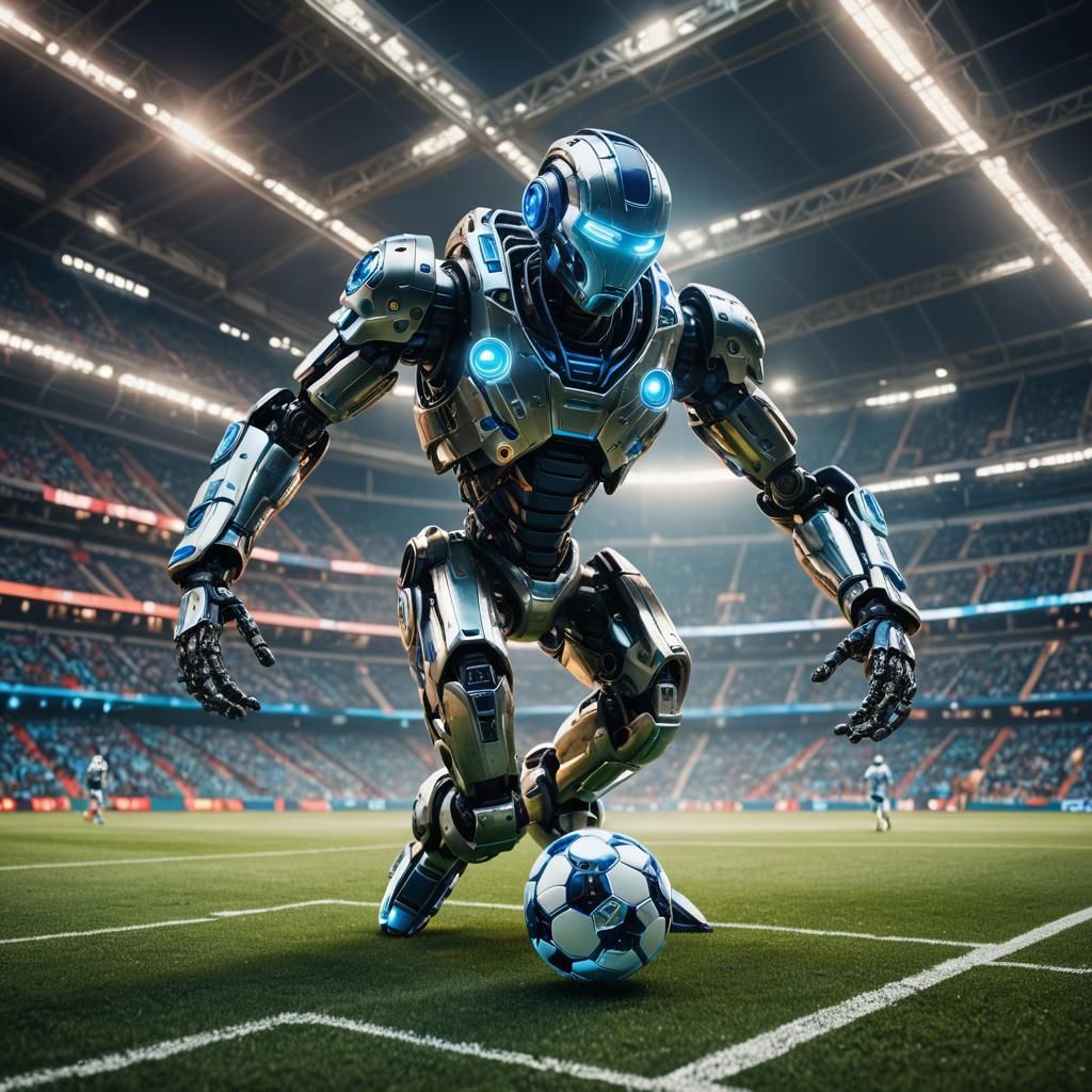 Surreal Robotic Soccer Player on Neon Field