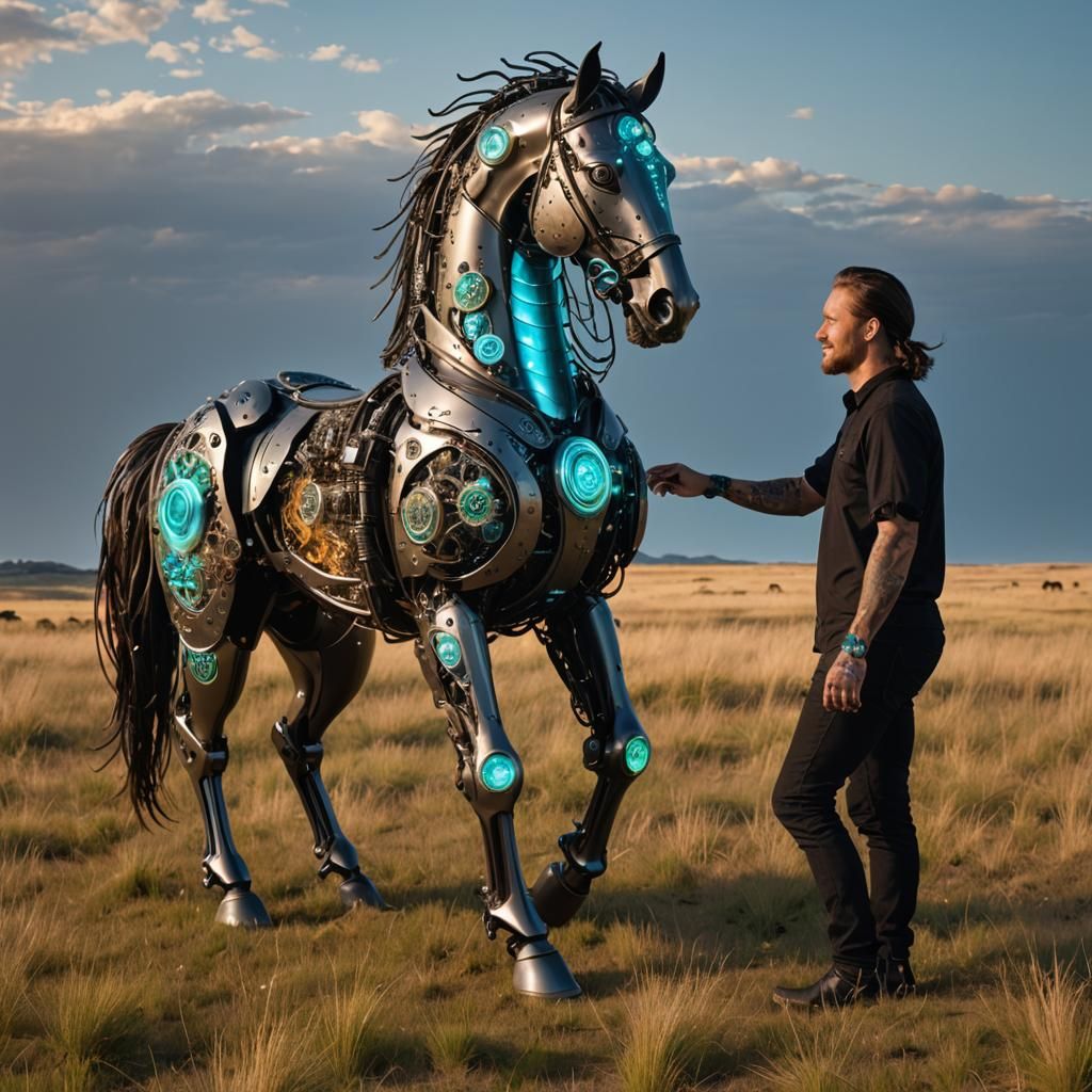 Biopunk Man with Cybernetic Horse in Dystopian City