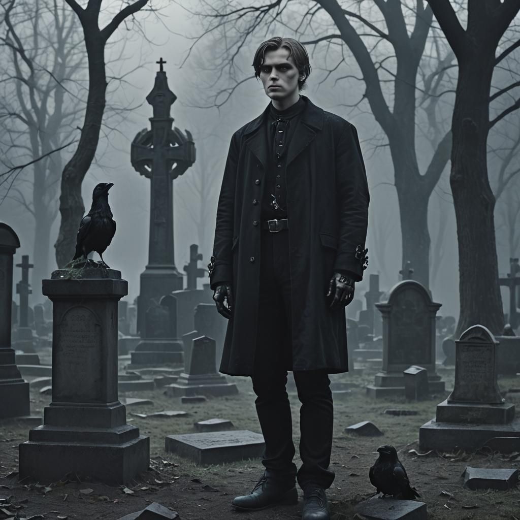 Eerie Gothic Man in Graveyard with Ravens