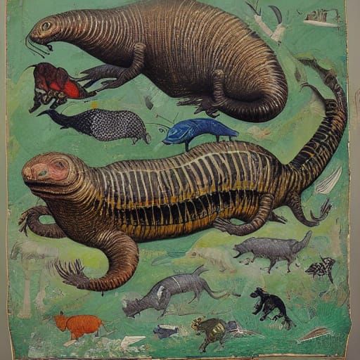 Ancient Earthworm and Mammal Predator in Surreal Style