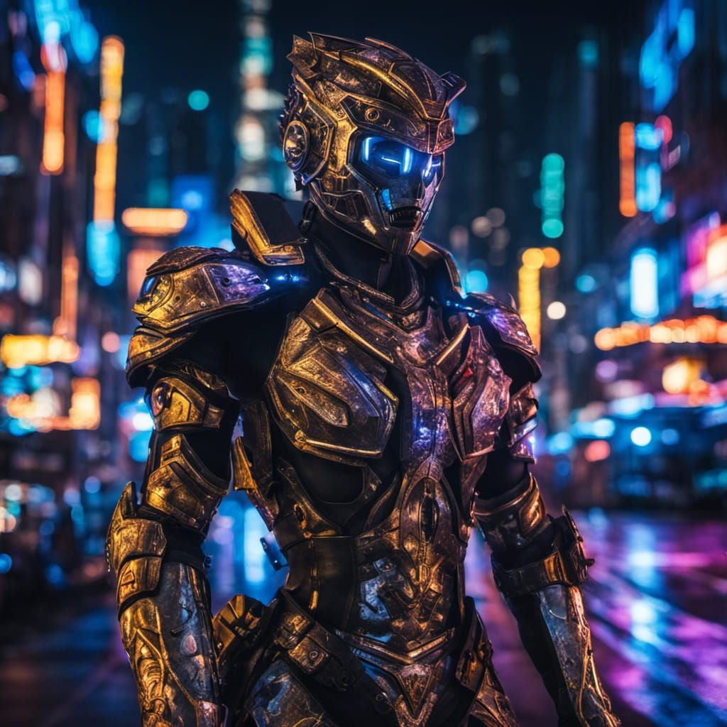 Futuristic Cyborg Knight in Neon City
