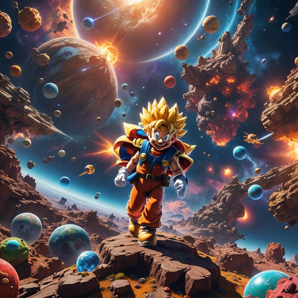 Super Saiyan Mario in Space: Vibrant Digital Art