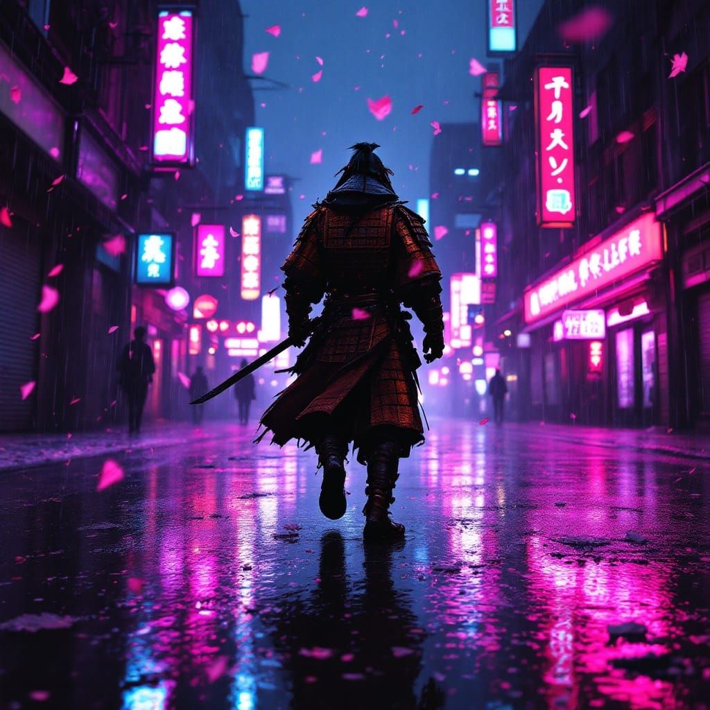 Cyber Samurai in Neon Rainstorm
