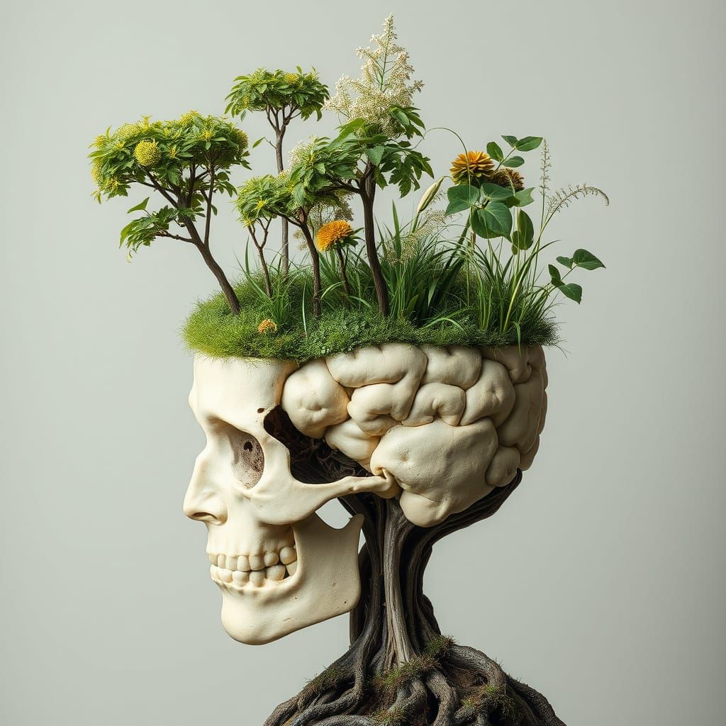 Surreal Vines Emerge from Human Skull