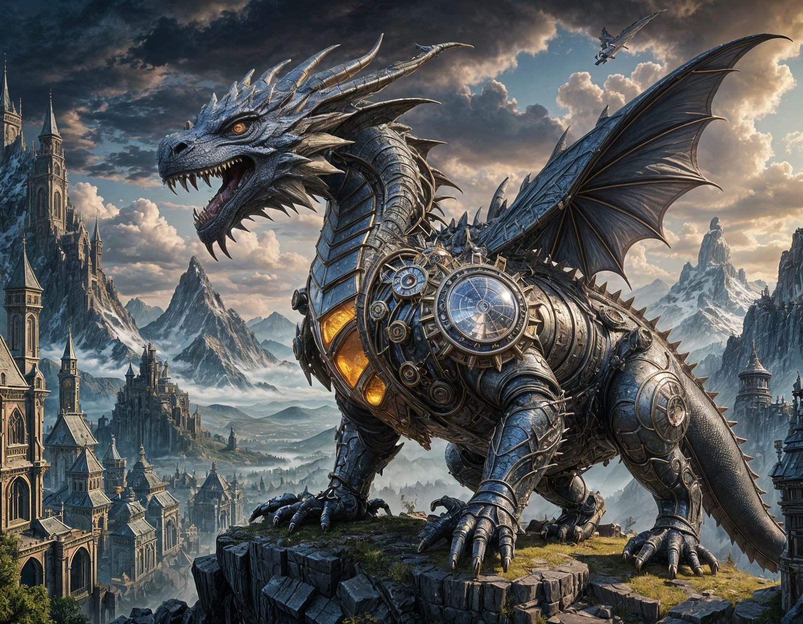 Clockwork Dragon Coiling Around Crystal Mountain in Hyperrea...