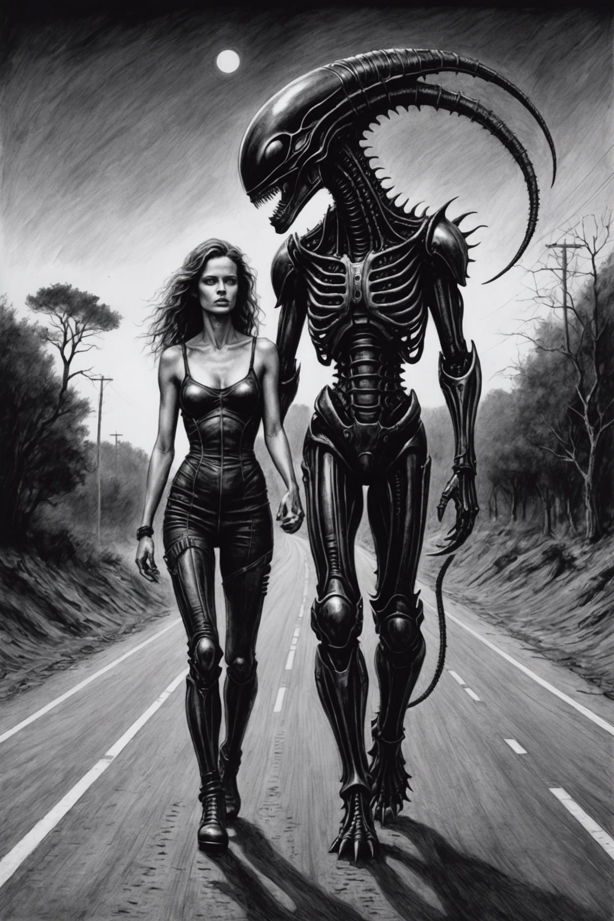 Sapphic Xenomorph and Woman: A Dark Charcoal Drawing