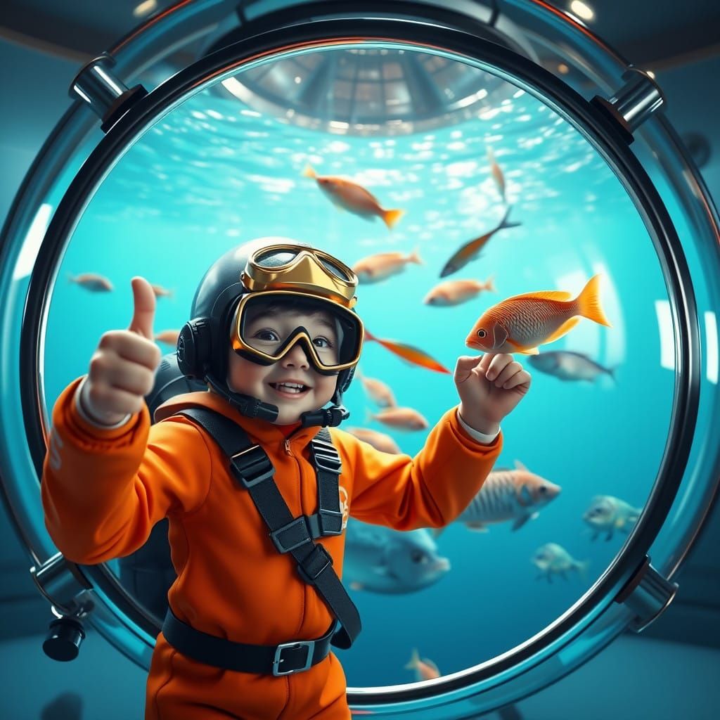 Vibrant Ball Aquarium with Diving Child in Futuristic Scene