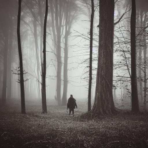 Ethereal Figure Emerges from Misty Forest in a Dreamlike Atm...