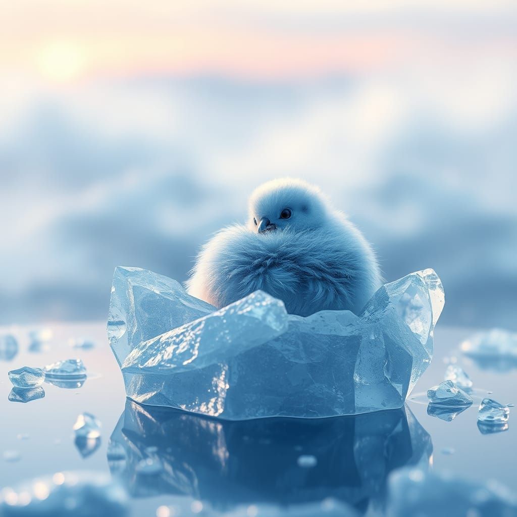 Iridescent Ice Bird Chick on Crystalline Outcropping