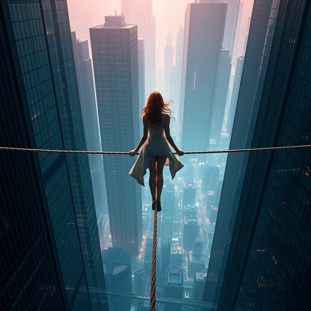 Woman on Tightrope in Dark Fantasy Art Nouveau Style